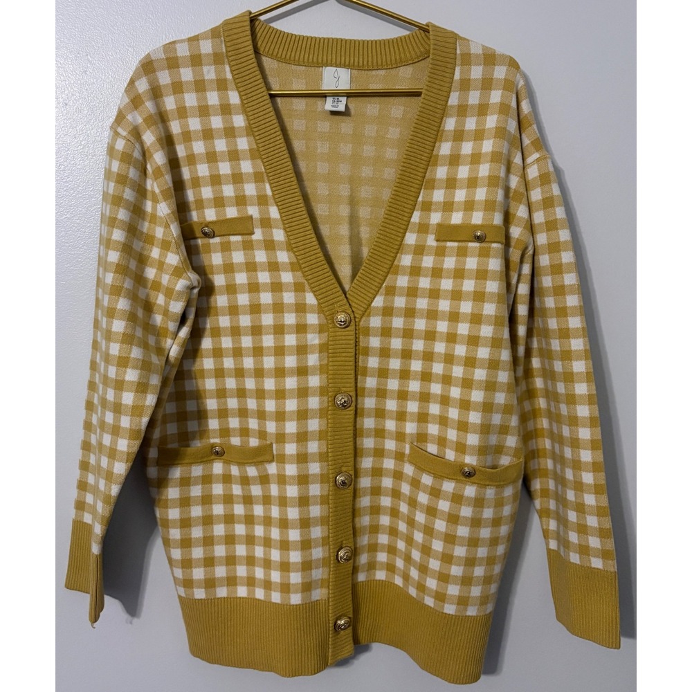 Joie Womens Yellow Gingham Check Lion Head Button Cardigan Sweater Size Medium